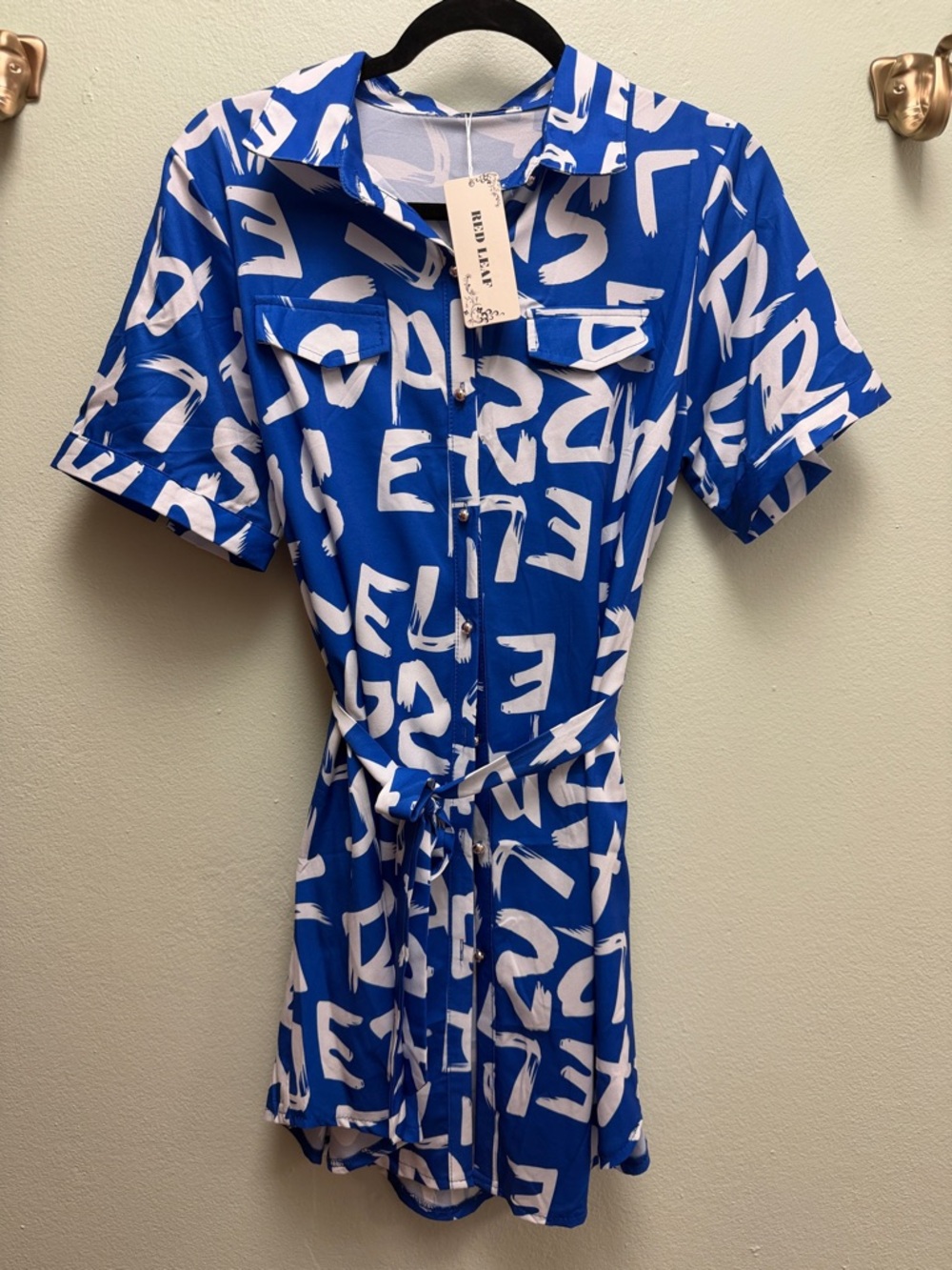 Bold Blue Button-Front Shirt Dress with White Graphic Print